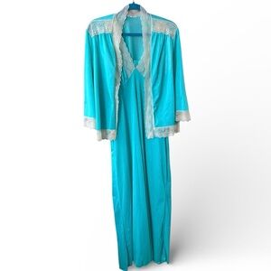 Vintage 60s to 70s Turquoise Peignoir, Lace Nightgown & Robe Set Small to Medium